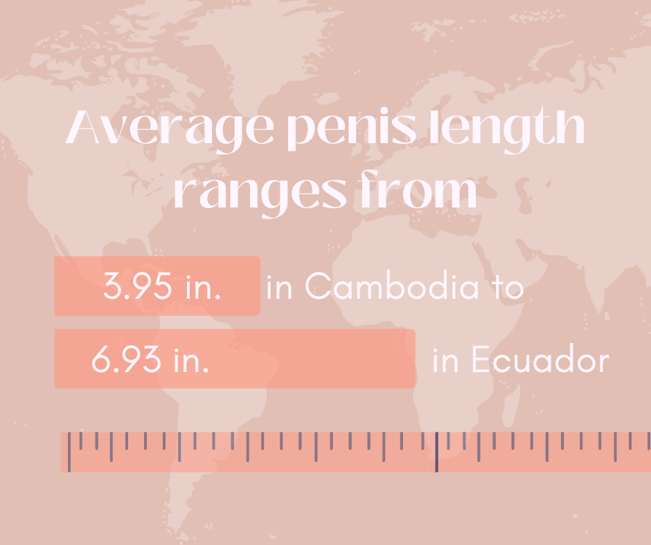 Pink horizontal bar chart with a ruler beneath it showing how the average penis length ranges from 3.95 inches in Cambodia to 6.93 inches in Ecuador. The background is a salmon pink and white map of the world. 