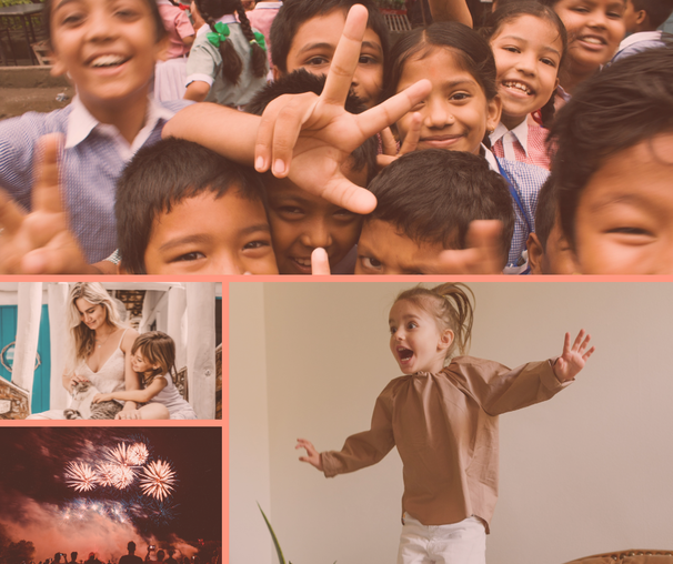 Collage of images of children. Top image has a large group of children reaching towards the camera. The second image shows a mother and daughter calmly petting a cat. The third image shows people filming a fireworks display. The fourth image shows a young girl jumping up and down on furniture. She looks excited. 
