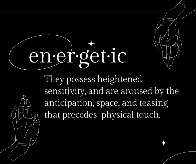The Energetic Erotic Blueprint Type describes people that have heightened sensitivity and are aroused by the anticipation, space, and teasing that precedes physical touch. White line art hands and stars surround this definition of an Energetic. 