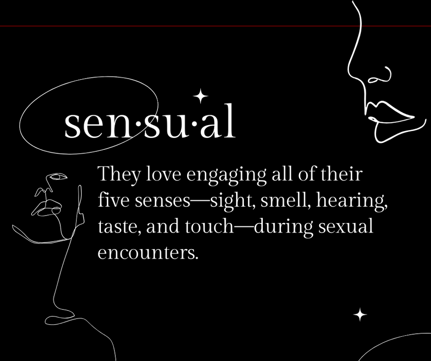 Line art, of eyes, noses, and mouths can be seen in the corners. Definition of the Sensual Erotic Blueprint Type is shown “They love engaging all of their five senses, including sight, smell, hearing, taste, and touch – during sexual encounters.”