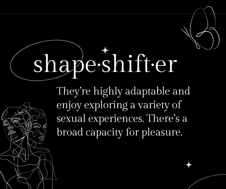 Line art of a butterfly and a person transforming from one person to another person. These images symbolize metamorphosis. The definition of the Shapeshifter Erotic Blueprint Type “They’re highly adaptable and enjoy exploring a variety of sexual experiences. There’s a broad capacity for pleasure.” 